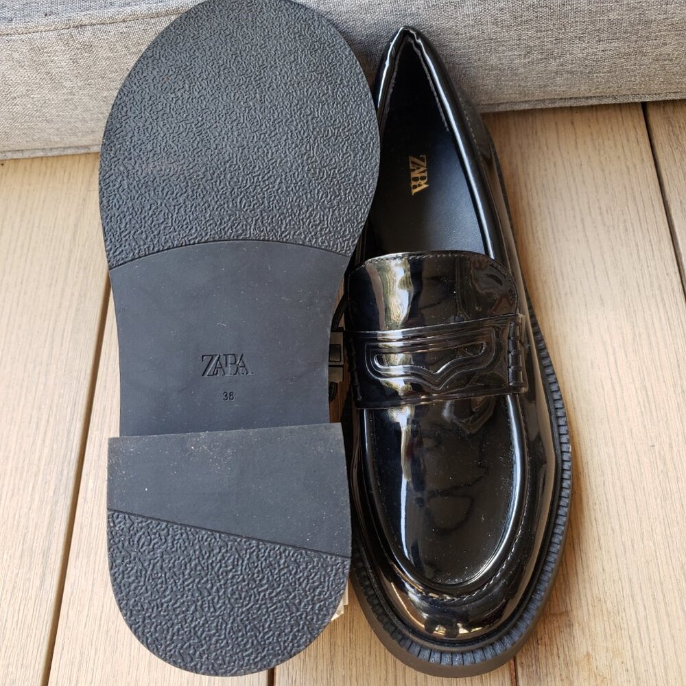 BNWT ZARA faux patent leather elevated penny loafers jet black (7.5) - Picture 7 of 9